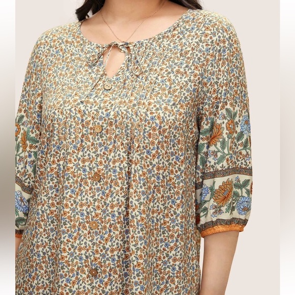 BoomChic 3XL Boho Print Pleated Button Detail Tie Neck Blouse us22-24 - Picture 3 of 7